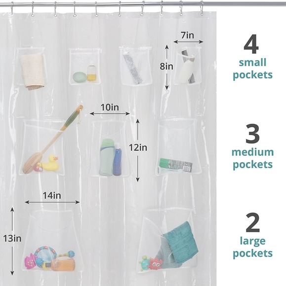 Bathroom Waterproof PEVA Clear Shower Curtain With Mesh Pockets - Picture 6 of 10